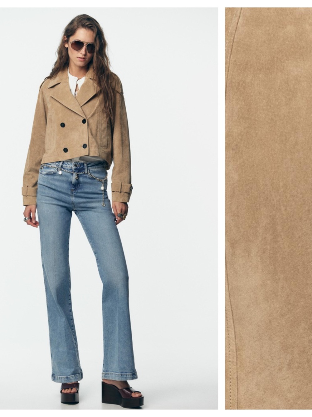 Zara Beige Short Leather Trench Coat with Notched Lapels. Size L.
